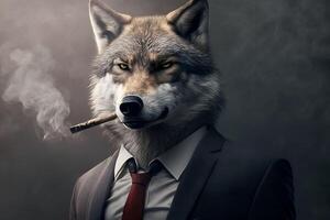 Studio portrait of angry bold wolf in suit, shirt, tie photo