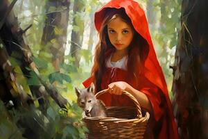 picture of little red riding hood, fairytale personage walking in the forest with basket in her hand photo