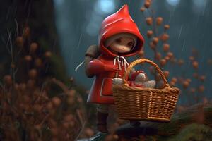 picture of little red riding hood, fairytale personage walking in the forest with basket in her hand photo