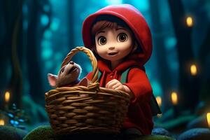 picture of little red riding hood, fairytale personage walking in the forest with basket in her hand photo