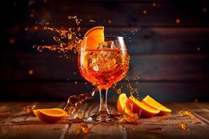 Glass of fresh aperol spritz on wooden table at bar and beach photo