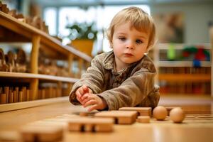 ai generado linda pequeño niño jugando en montessori niños desarrollo centrar foto