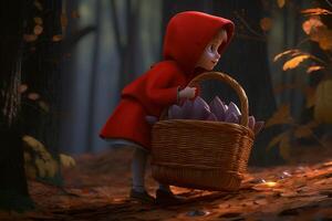 picture of little red riding hood, fairytale personage walking in the forest with basket in her hand photo