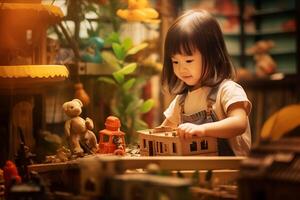 Cute little kid playing in montessori kids development center photo