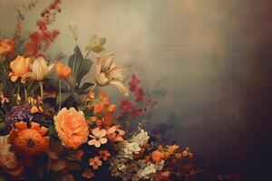 vintage tender flowers in different colors with free space on the left photo