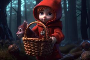 ai generado imagen de pequeño rojo montando capucha, cuento de hadas personaje caminando en el bosque con cesta en su mano foto