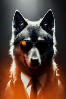 Studio portrait of angry bold wolf in suit, shirt, tie photo