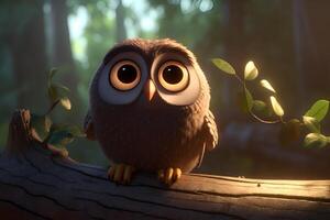 closeup portrait of cartoon pixar 3d owl sitting on the branchowl photo