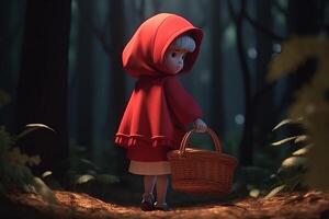 ai generado imagen de pequeño rojo montando capucha, cuento de hadas personaje caminando en el bosque con cesta en su mano foto