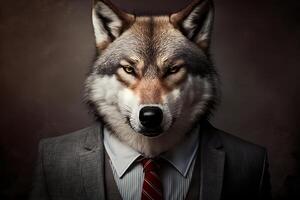 ai generado estudio retrato de enojado negrita lobo en traje, camisa, Corbata foto