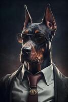 studio portrait of bold angry doberman dog in suit shirt and tie wearing sunglasses photo