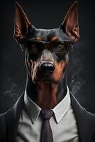 studio portrait of bold angry doberman dog in suit shirt and tie wearing sunglasses photo