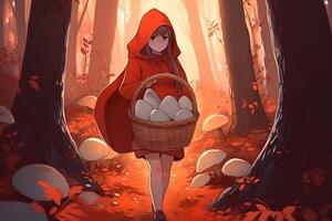 ai generado imagen de pequeño rojo montando capucha, cuento de hadas personaje caminando en el bosque con cesta en su mano foto