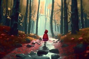 picture of little red riding hood, fairytale personage walking in the forest with basket in her hand photo