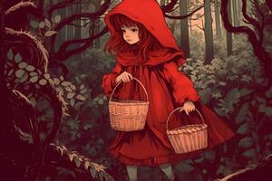ai generado imagen de pequeño rojo montando capucha, cuento de hadas personaje caminando en el bosque con cesta en su mano foto