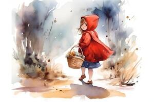 picture of little red riding hood, fairytale personage walking in the forest with basket in her hand photo