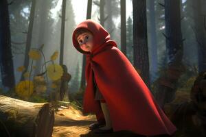 picture of little red riding hood, fairytale personage walking in the forest with basket in her hand photo