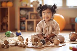 Cute little kid playing in montessori kids development center photo