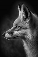 black and white photo of a fox. .