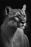 black and white photo of a mountain lion. .