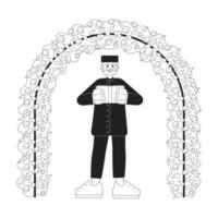 Nikah ceremony officiant monochrome concept vector spot illustration. Imam muslim man 2D flat bw cartoon character for web UI design. Wedding ceremony leader isolated editable hand drawn hero image