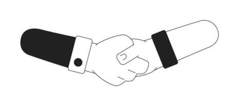Shaking hands for business networking monochromatic flat vector hands. Successful closing deal. Businesspeople. Editable line clip art on white. Simple bw cartoon spot image for web graphic design