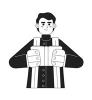 Hindu priest monochromatic flat vector character. Indian man preacher. Religious leader. Hindu temple. Editable thin line full body person on white. Simple bw cartoon spot image for web graphic design