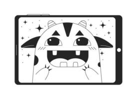 Happy monster on tablet computer line art vector cartoon icon. Editorial, magazine spot illustration black and white. Outline object isolated on white. Editable 2D simple drawing, graphic design