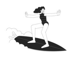 Woman surfer bw vector spot illustration. Girl surfing big wave 2D cartoon flat line monochromatic character for web UI design. Caucasian woman in surf wetsuit editable isolated outline hero image