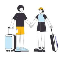 Ethnic couple traveling flat line vector spot illustration. Travelers with suitcase 2D cartoon outline characters on white for web UI design. Vacation destination editable isolated colorful hero image