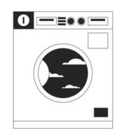 Old school laundromat appliance with cloudy sky line art vector cartoon icon. Editorial, magazine spot illustration black and white. Outline object isolated on white. Editable 2D simple drawing