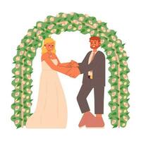 Commitment ceremony flat concept vector spot illustration. Newlyweds under flowers arch 2D cartoon characters on white for web UI design. American wedding isolated editable creative hero image