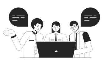 Helping colleague bw concept vector spot illustration. Coworkers working together 2D cartoon flat line monochromatic characters for web UI design. Collaboration editable isolated outline hero image