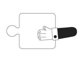Incomplete jigsaw puzzle piece holding monochromatic flat vector hand. Problem solving. Challenge. Puzzle game. Editable thin line element on white. Simple bw cartoon spot image for web graphic design