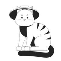 Cute tabby cat wearing summer hat flat line black white vector character. Editable outline full body animal. Funny elegant animal simple cartoon isolated spot illustration for web graphic design
