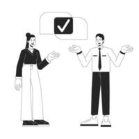 Co-workers partnership bw concept vector spot illustration. Colleagues sharing 2D cartoon flat line monochromatic characters for web UI design. Agreement editable isolated outline hero image
