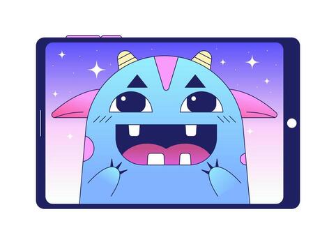 Happy monster on tablet computer flat vector cartoon icon. Watching children movie. Editorial, magazine spot illustration. Colorful object isolated on white. Editable 2D simple drawing, graphic design