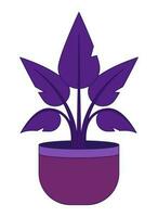 Purple houseplant in flowerpot flat vector cartoon icon. Large flower pot. Editorial, magazine spot illustration. Colorful object isolated on white. Editable 2D simple drawing, graphic design