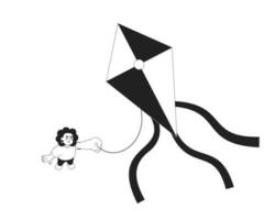 Kite flying high monochromatic flat vector character. Girl with kite. Play outdoor in summer. Editable thin line full body person on white. Simple bw cartoon spot image for web graphic design