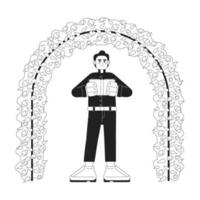 Wedding preacher monochrome concept vector spot illustration. Officiant under flowers arch 2D flat bw cartoon character for web UI design. Catholic priest isolated editable hand drawn hero image