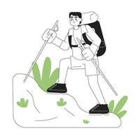 Hiker climber with trekking poles concept hero image. Outdoor recreation. 2D cartoon outline character on white. Nature walking isolated black white illustration. Vector art for web design ui