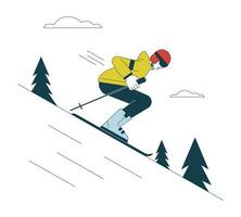 Skiing downhill flat line vector spot illustration. Freeskier holding ski sticks 2D cartoon outline character on white for web UI design. Skiing resort editable isolated colorful hero image