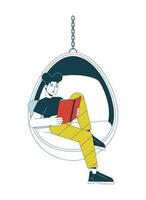 Teen girl reading book in hanging chair flat line color vector character. Editable outline full body person on white. Cosy reading hobby simple cartoon spot illustration for web graphic design