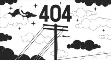 Utility pole on dreamy night sky black white error 404 flash message. Empty state ui design, lofi background. Page not found cartoon image. Vector flat outline illustration concept, line art