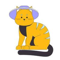 Cute tabby cat wearing summer hat flat line color vector character. Editable lineart full body animal on white. Funny animal with accessory simple cartoon spot illustration for web graphic design