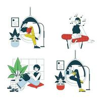 Leisure activities at home flat line vector spot illustration set. Rest women 2D cartoon outline characters on white for web UI design. Relaxing alone editable isolated colorful hero image pack