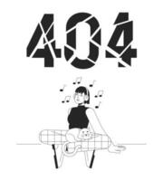 Music listening black white error 404 flash message. Asian headphones girl with cat. Monochrome empty state ui design. Page not found popup cartoon image. Vector flat outline illustration concept