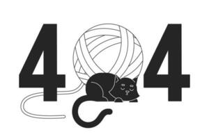 Black cat sleeping with yarn ball black white error 404 flash message. Resting cute pet. Monochrome empty state ui design. Page not found popup cartoon image. Vector flat outline illustration concept