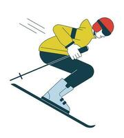 Male skier with poles on skis flat line color vector character. Editable outline full body person on white. Winter sport athlete skiing down simple cartoon spot illustration for web graphic design