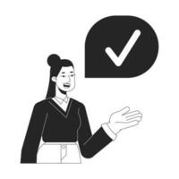 Office woman check mark bw concept vector spot illustration. Office worker with approved checkmark 2D cartoon flat line monochromatic character for web UI design. Editable isolated outline hero image